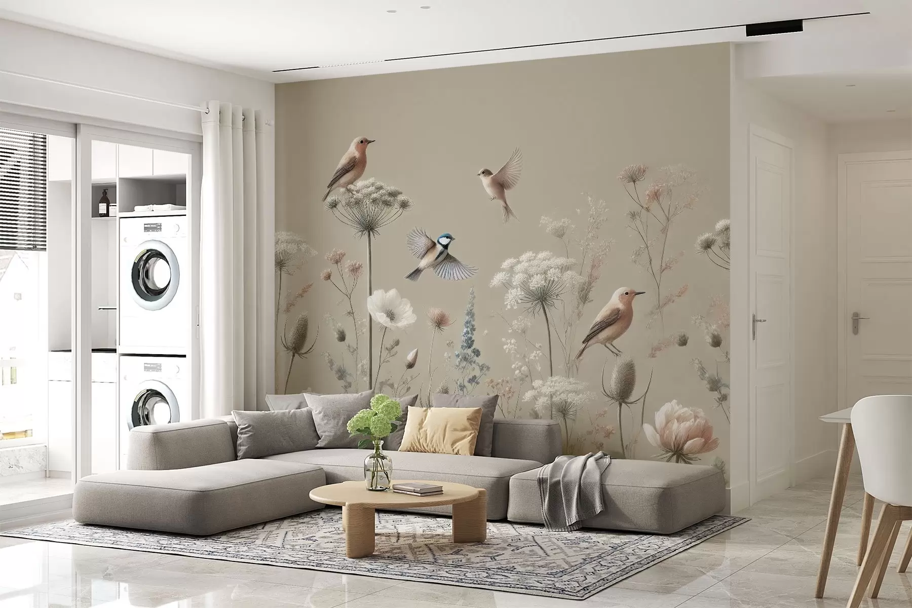 Фототапет Нежни диви цветя с птици на бежов фон w01958