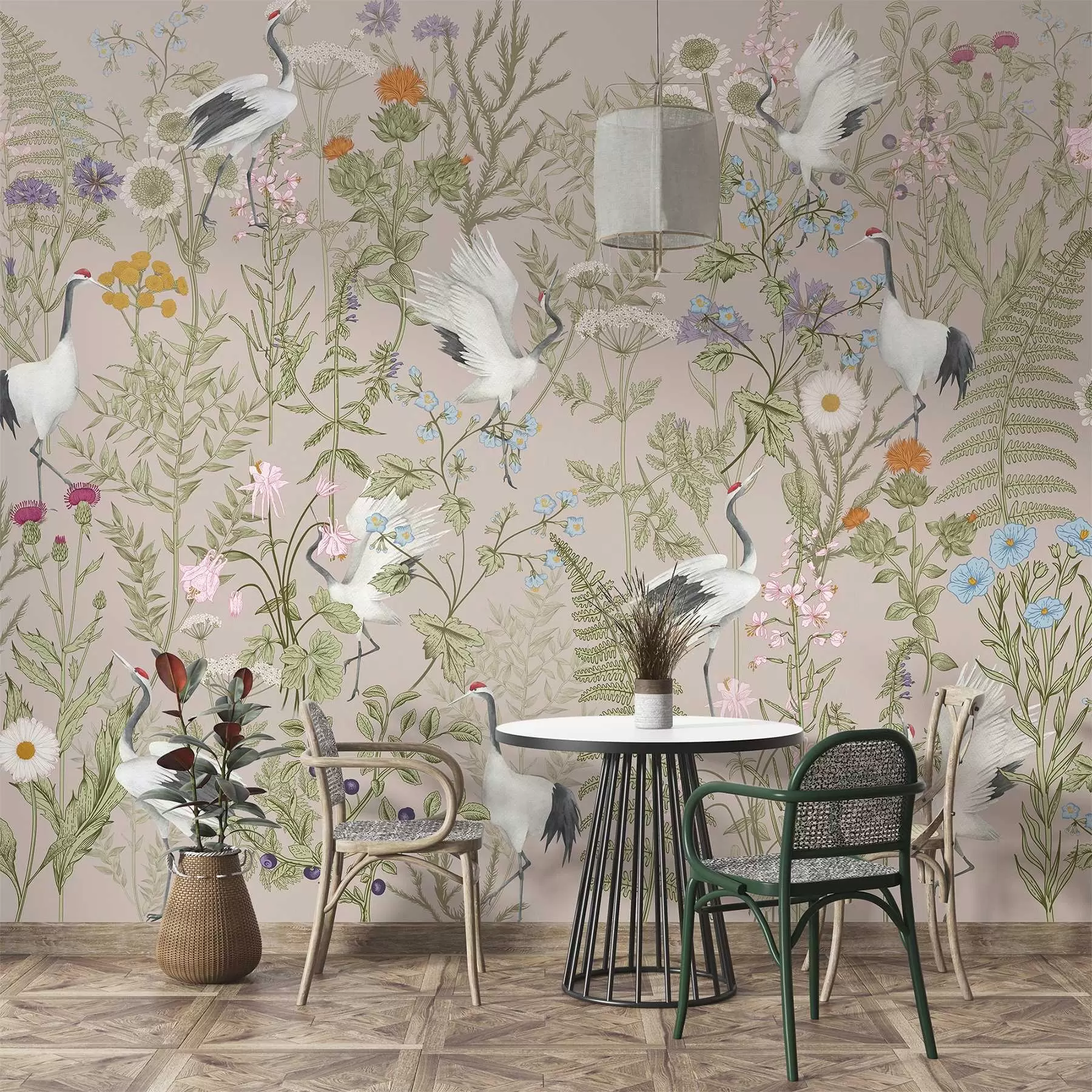 Фототапет Елегантни жерави сред ярки цветове w00380