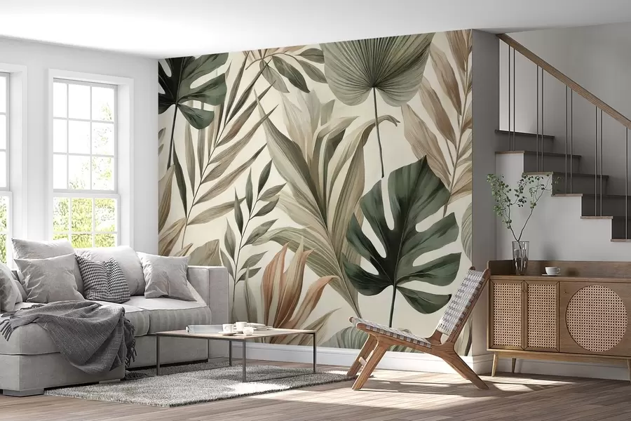 Фототапет Големи тропически листа в сдържани деликатни пастелни нюанси w02082