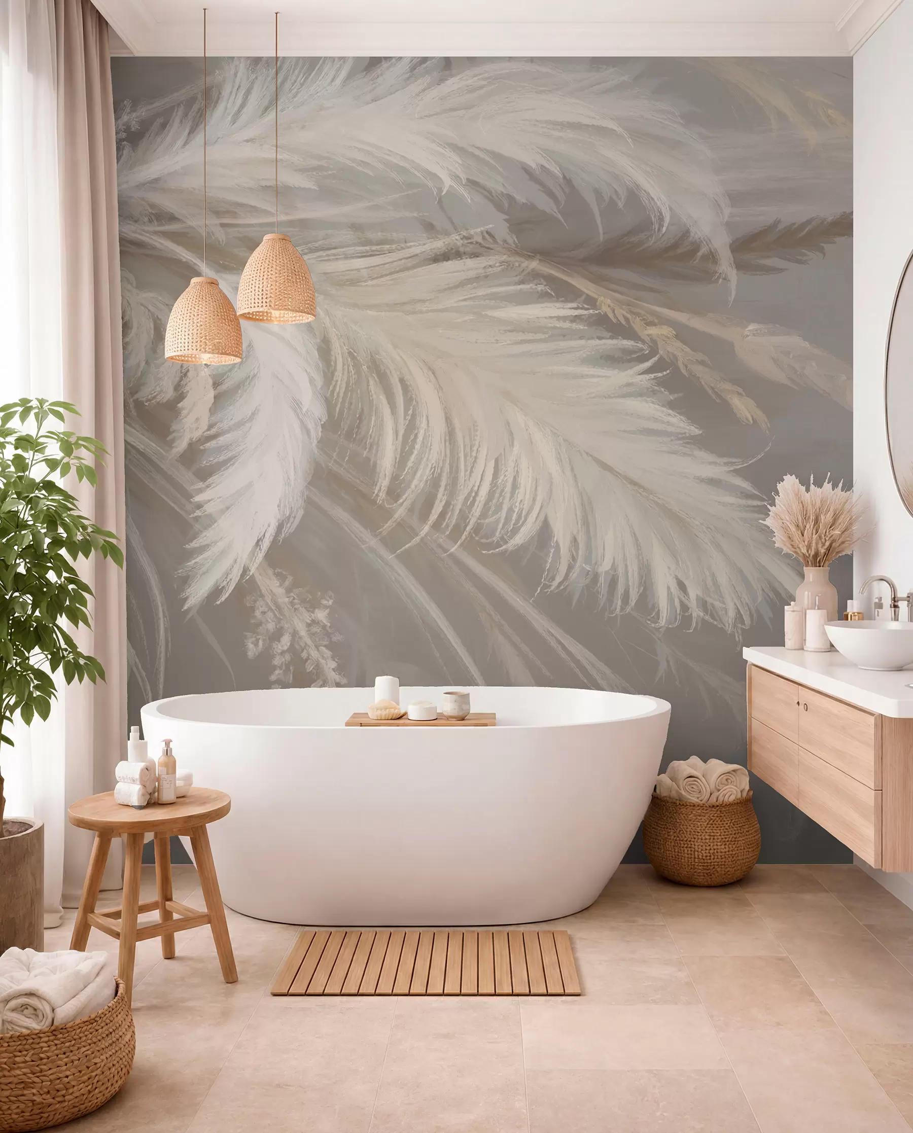 Фототапет Меки, пухкави бели пера и сухи цветя на неутрален пастелно бежов фон w08403