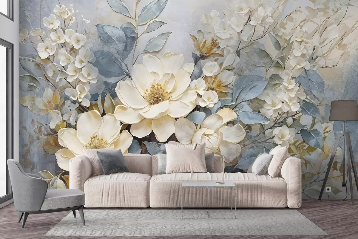 Фототапет Текстурирани големи бели и бледожълти цветя със сиво-зелени листа на мек, размазан фон w08404