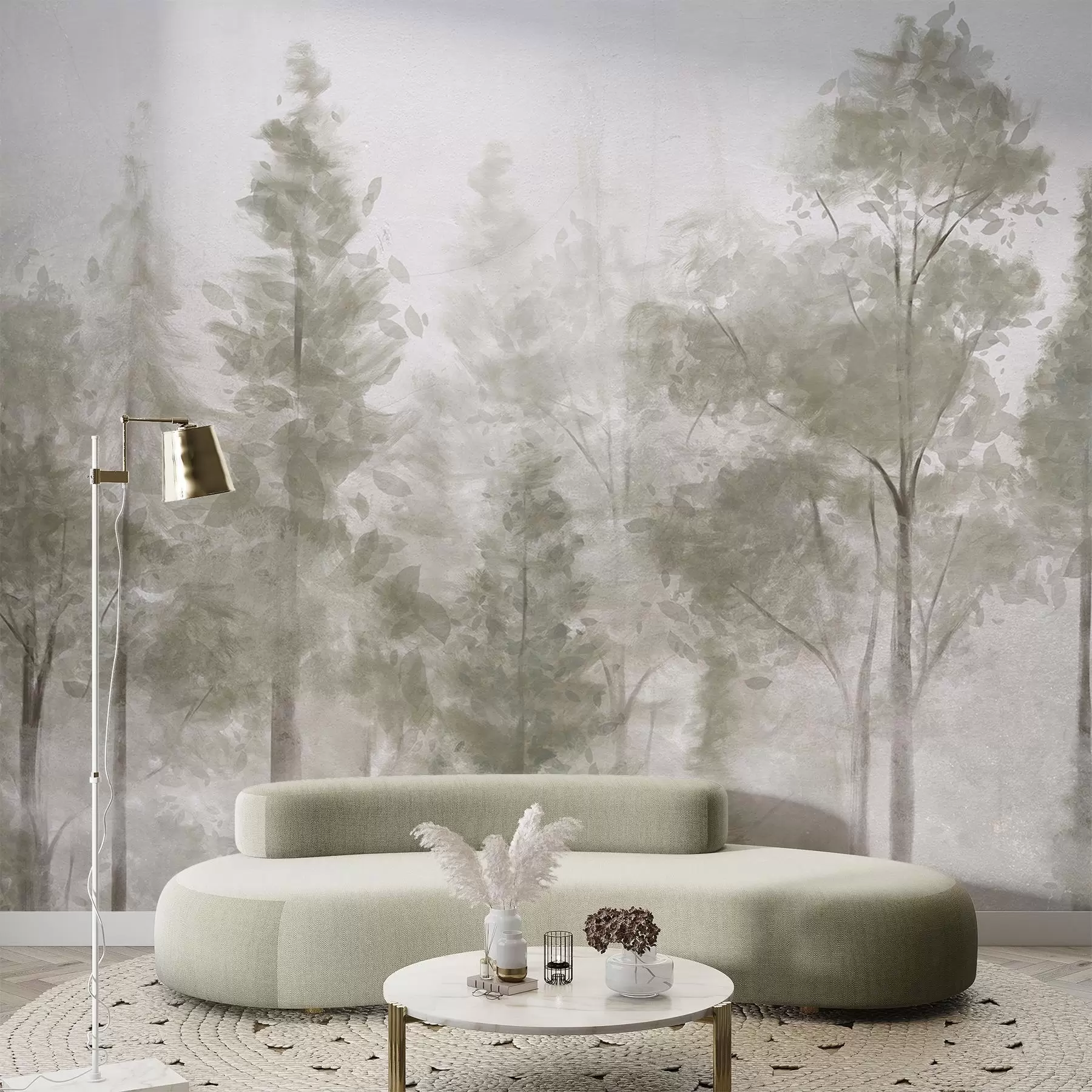 Фототапет Високи борови дървета в мъглива гора, с мъглива, замъглена атмосфера w08411