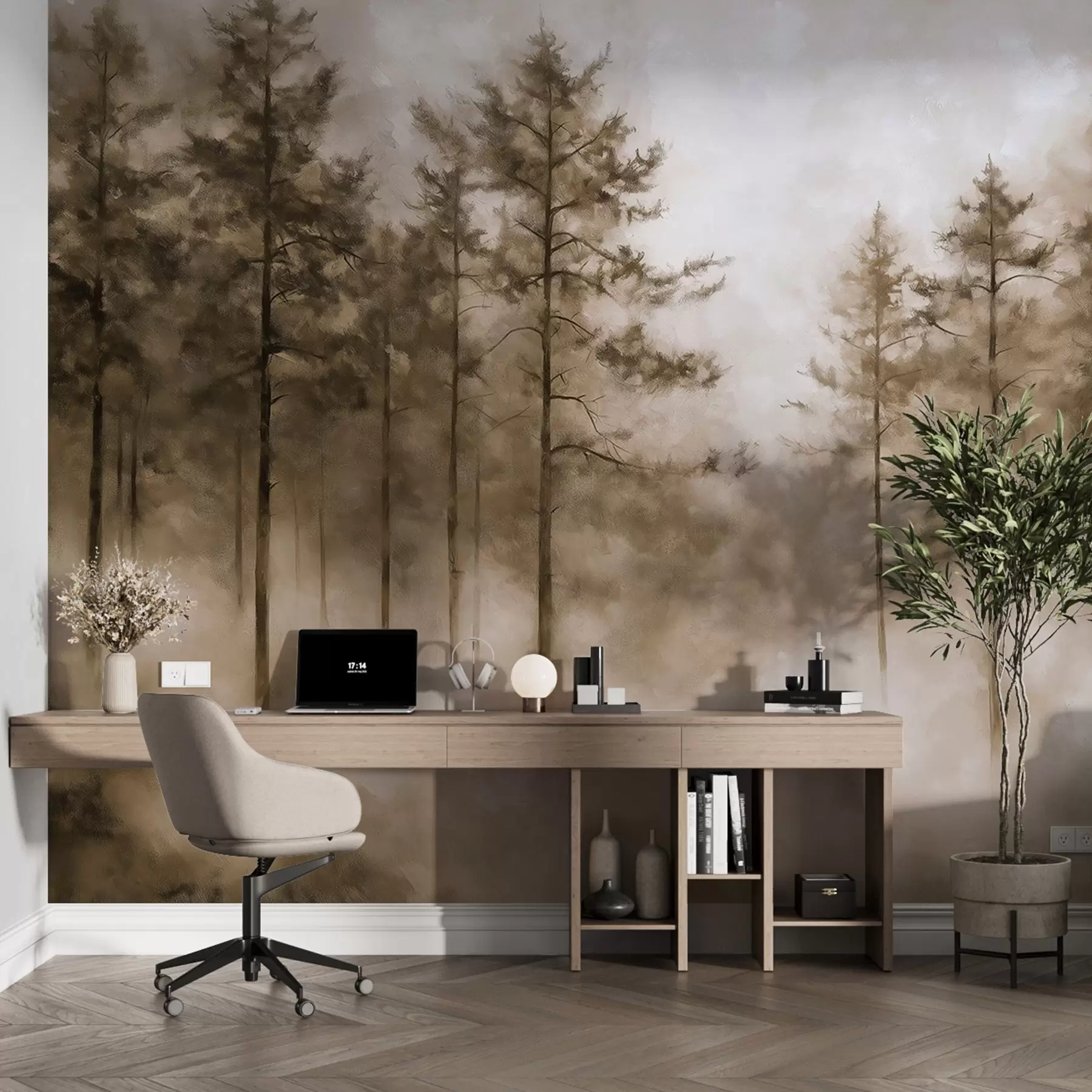 Фототапет Мистична гора, борови дървета, мъгла, акрилна боя, бежови цветове w02149v1