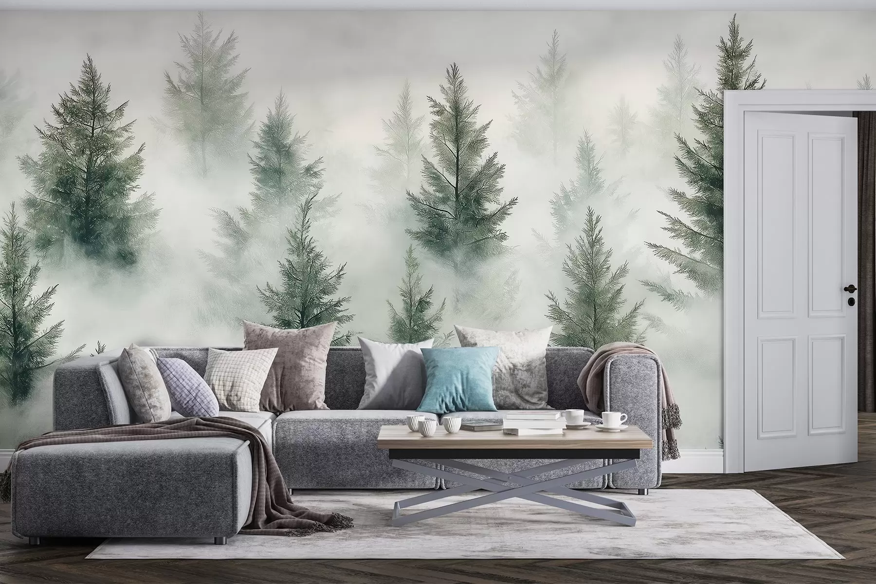 Фототапет Красива гора с борови дървета, мъгла, природни пейзажи, зелени цветове w02222