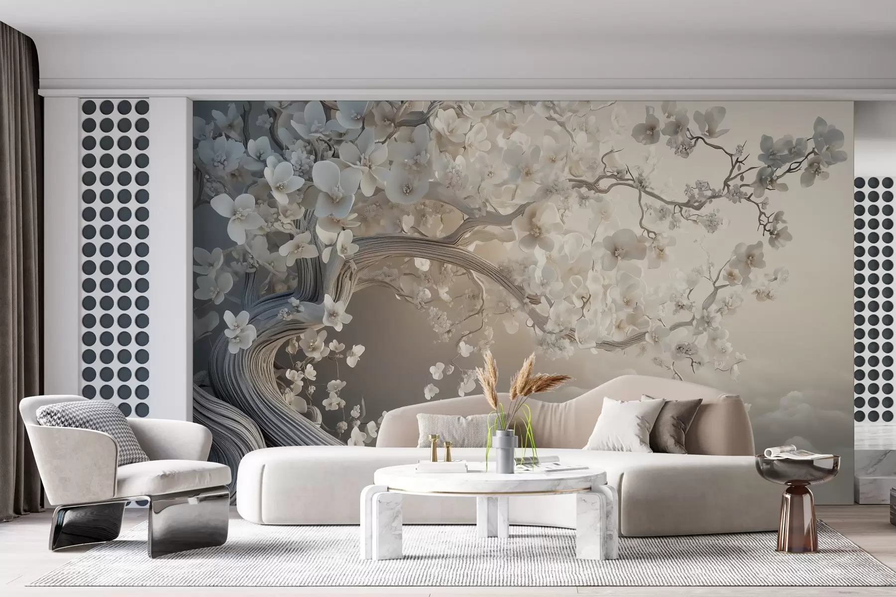 Фототапет Очарователно дърво с бели цветя на фона на облаци в интересен стил в деликатни топли цветове w02133