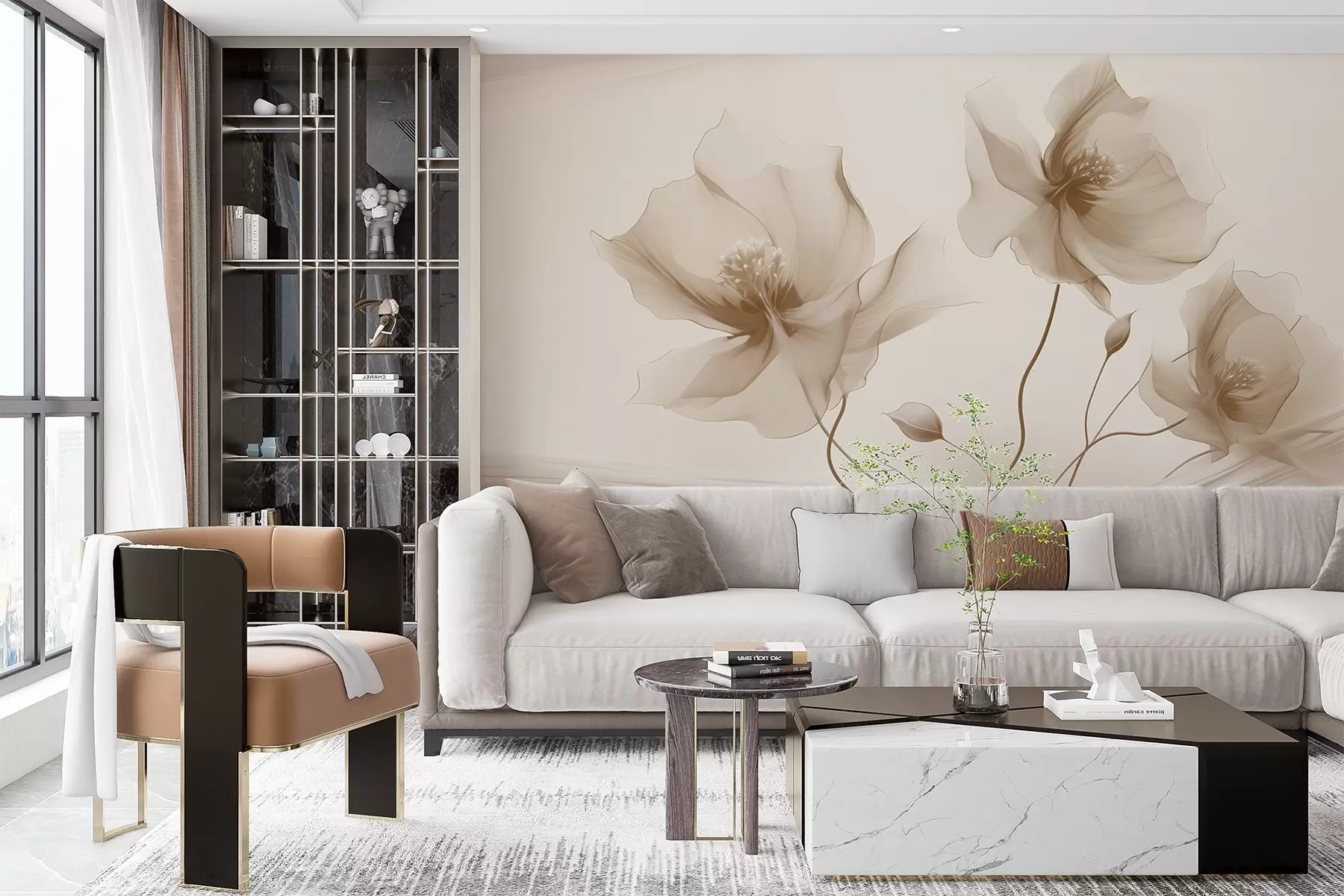 Фототапет Три грациозни цветя с полупрозрачни венчелистчета, преплетени с ленти от светлина и вятър в бежови тонове w01932