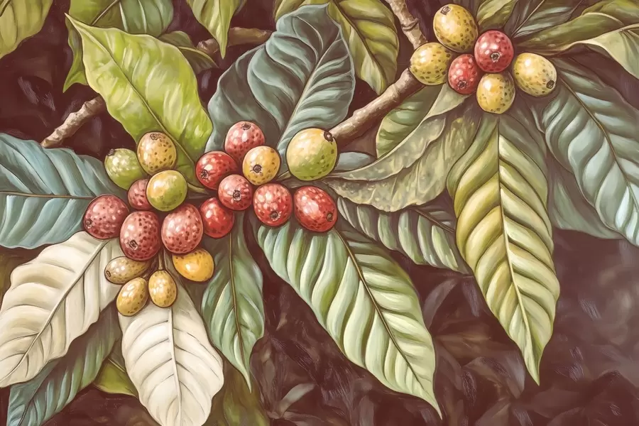 Фототапет Клони на кафеено растение с плодове и тропически елементи w02209