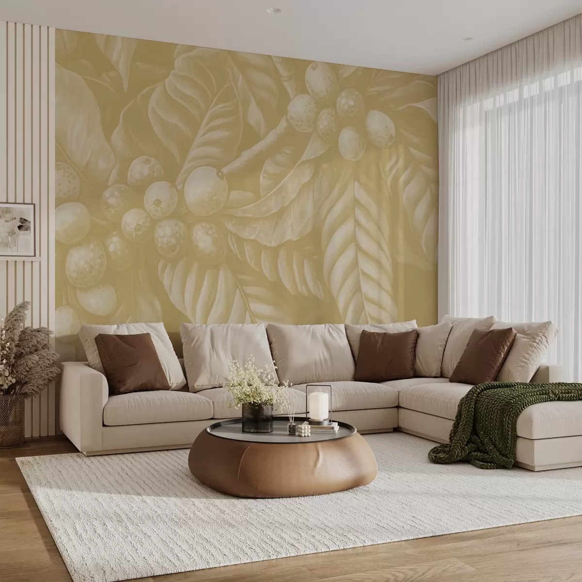 Фототапет Клони на кафеено растение с плодове и тропически елементи в бежови нюанси w02209v1