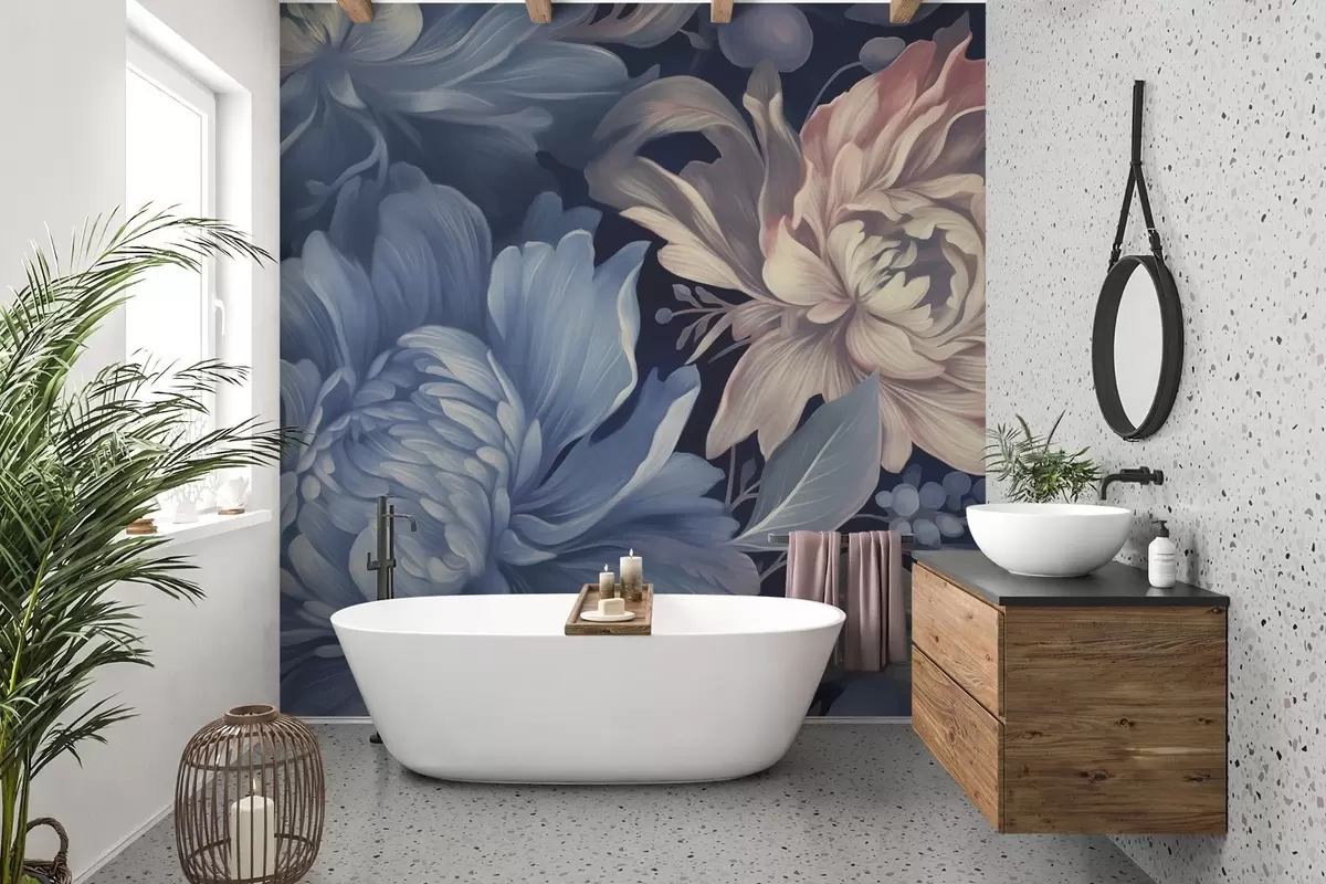 Фототапет Тъмносин фон с големи божури w02218