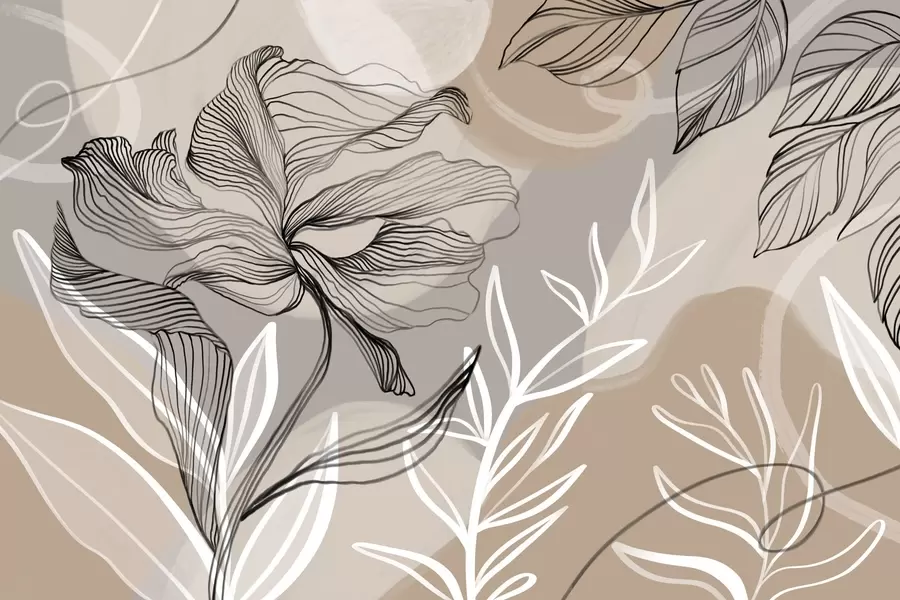 Фототапет Елегантен флорален принт с големи абстрактни цветя и листа в нюанси на сиво и бежово на светъл фон w08413