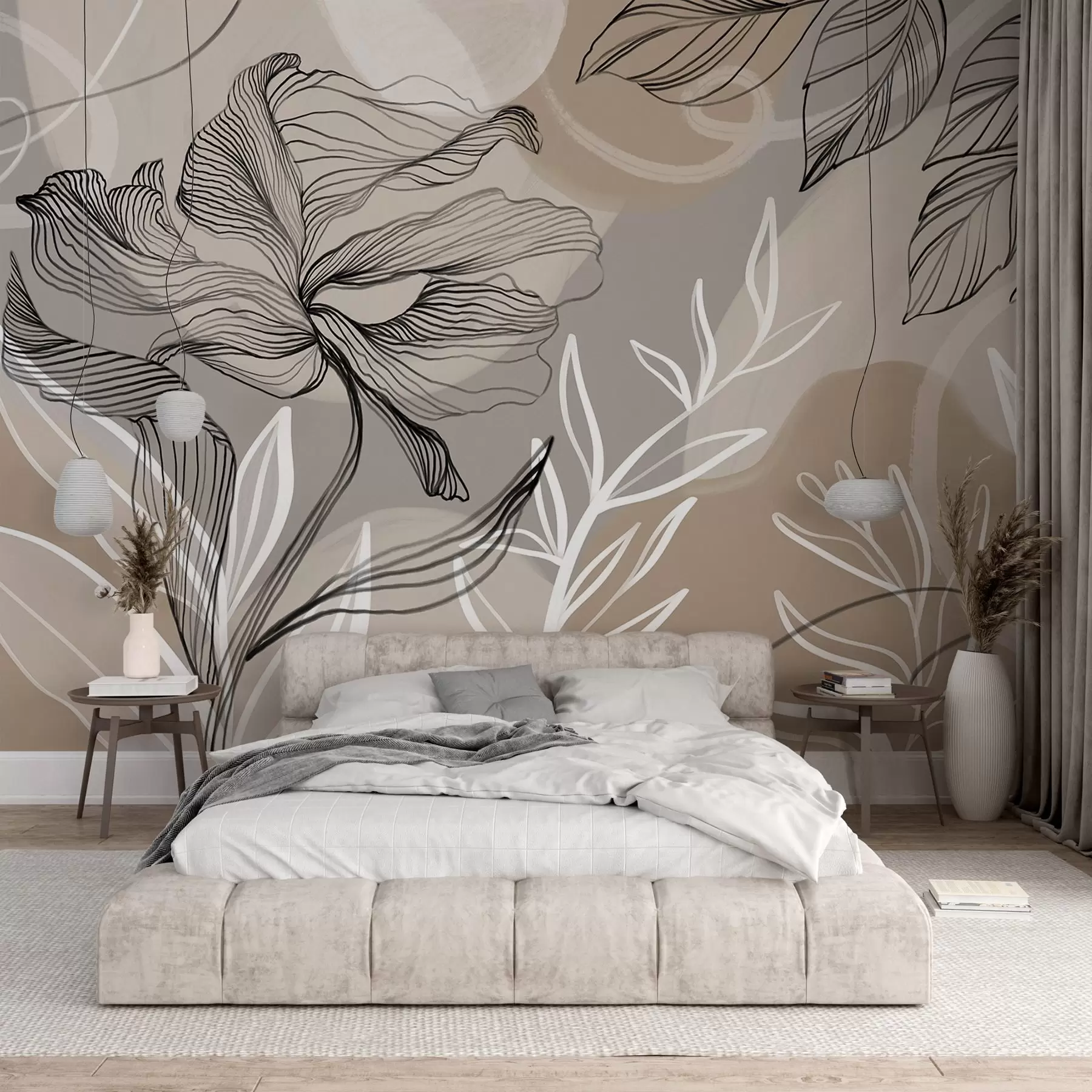 Фототапет Елегантен флорален принт с големи абстрактни цветя и листа в нюанси на сиво и бежово на светъл фон w08413