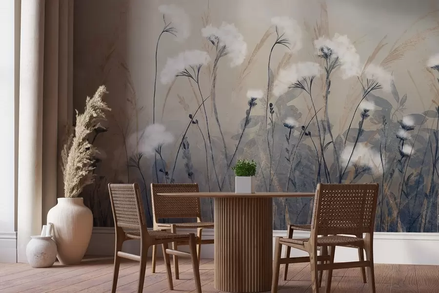 Фототапет Пухкава бяла памучна трева на размазан текстурен фон, с мека, мъглива и спокойна атмосфера w08416