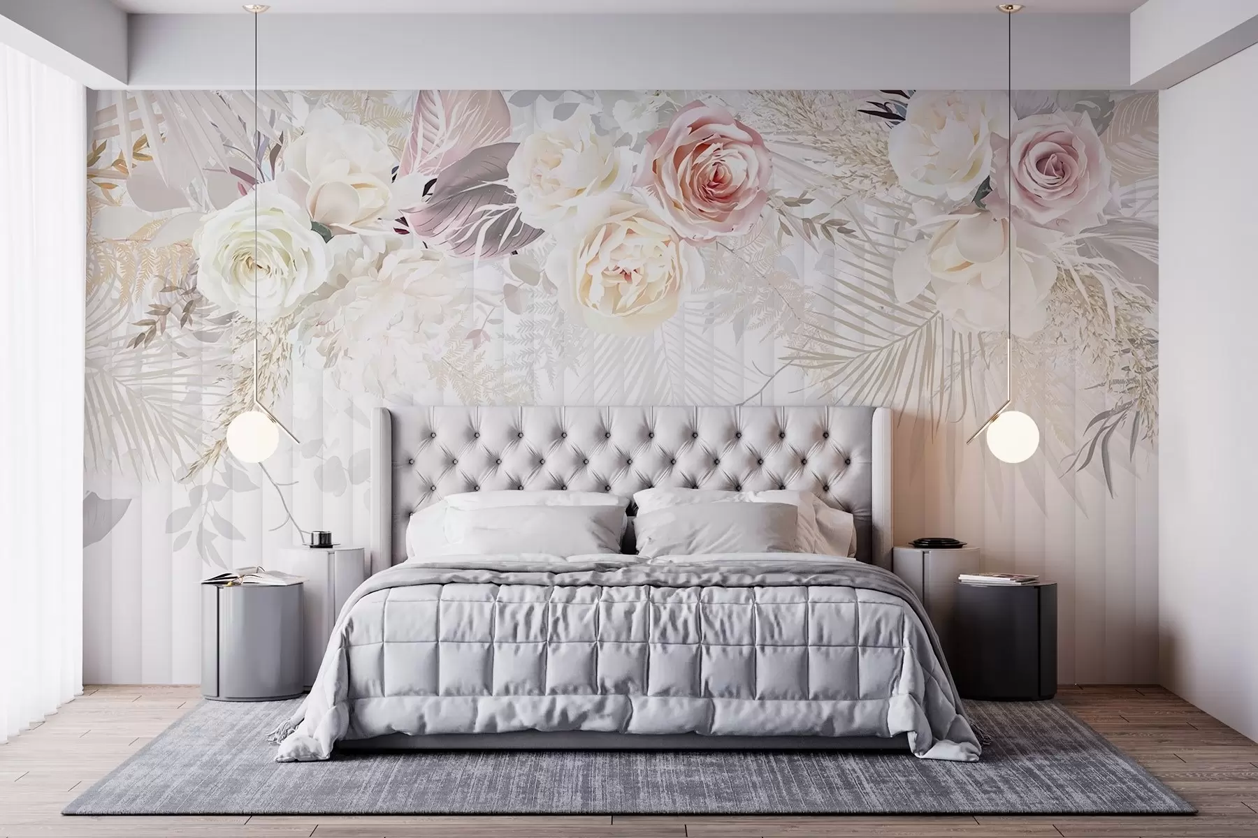 Фототапет Цветна аранжировка с розови и бели рози, палмови листа и друга тропическа зеленина на бял фон w08425