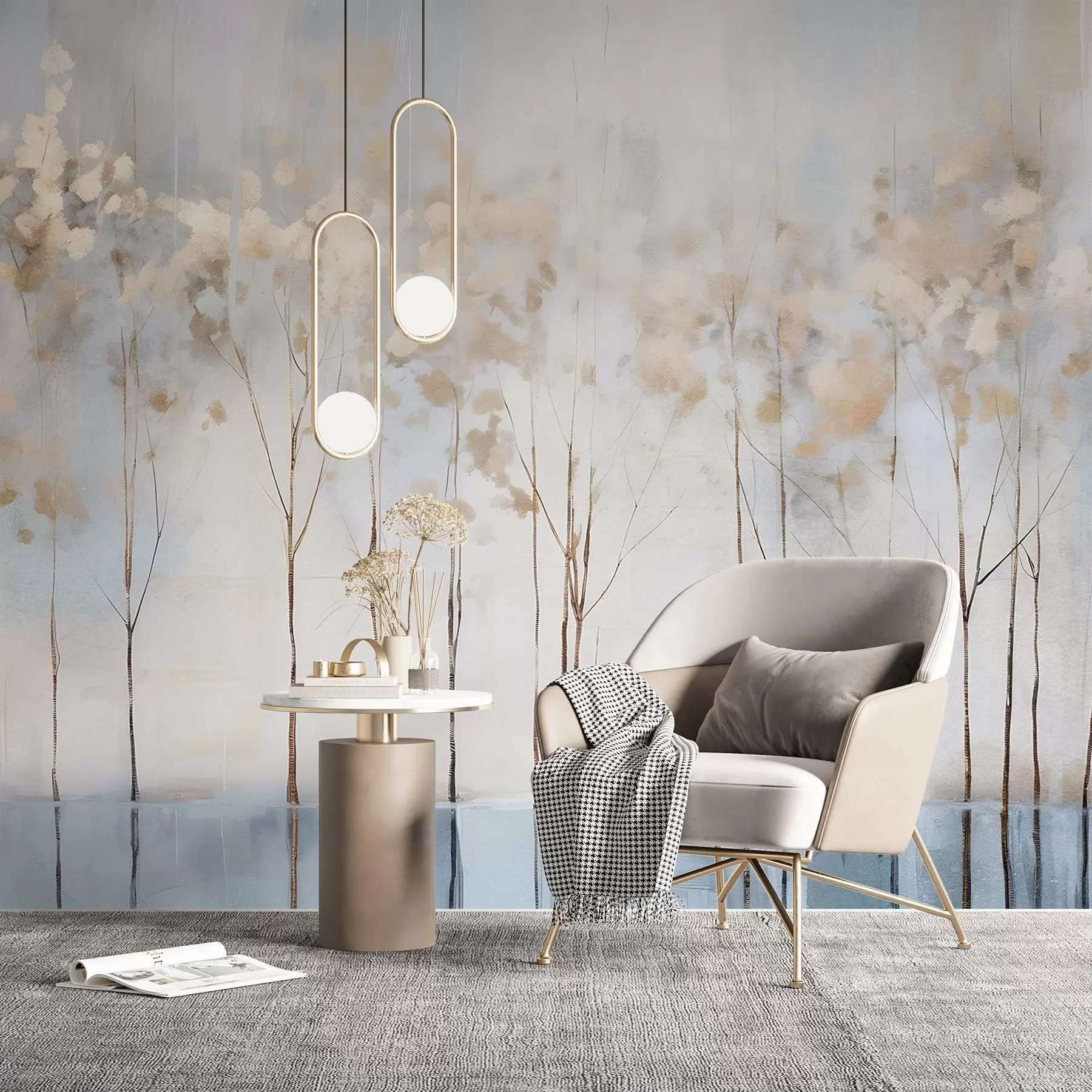 Фототапет Голи дървета в абстрактен пастелен размазан зимен минималистичен пейзаж с мек, мъглив фон w08430