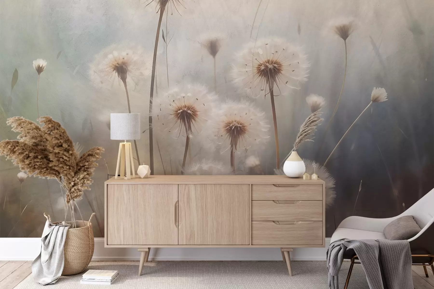 Фототапет Цветя на глухарчета в полето с размазан пастелен фон с текстура w08432