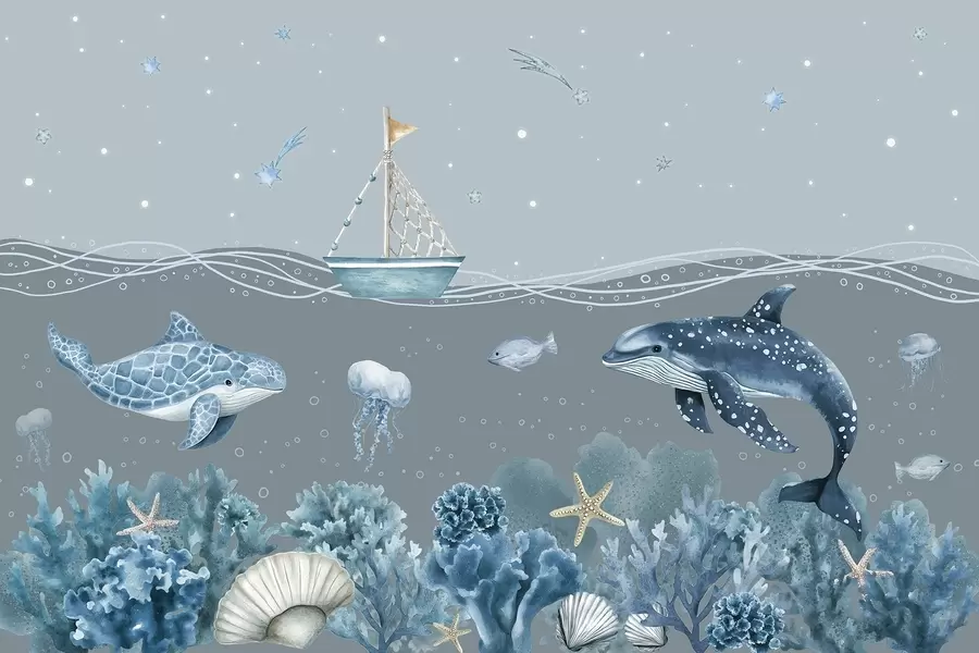 Фототапет Морски живот, стил акварел, корали, лодка, делфин, медузи, звездно небе, меки сини цветове w02310v3