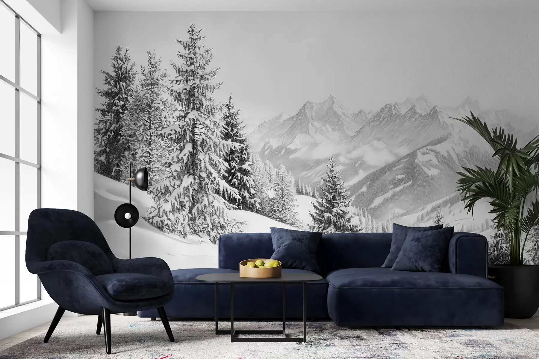 Фототапет Зима в планината, гора, Алпи, рисунка с молив, природни пейзажи w02353