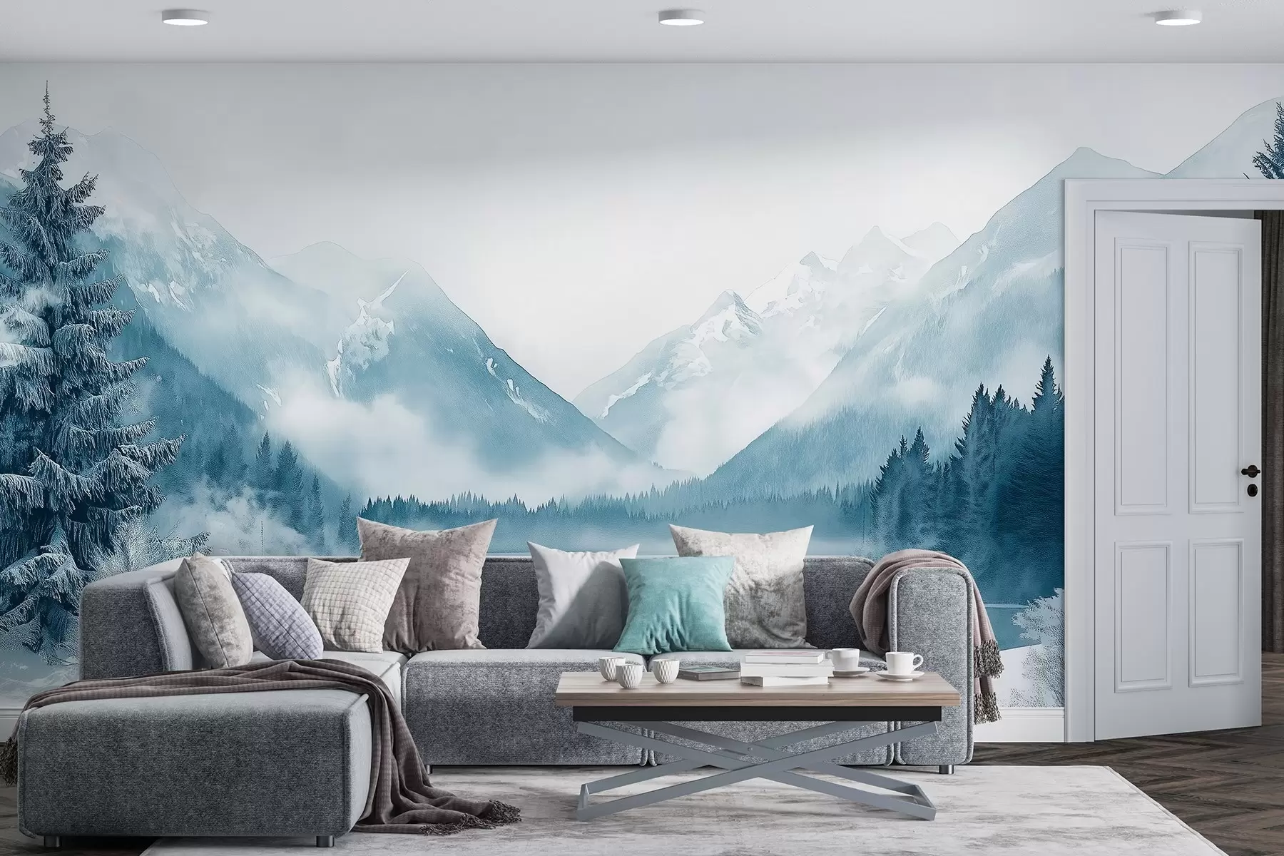 Фототапет Зимни планини, замръзнало езеро, борова гора, синя цветова палитра, акварелен стил w02354