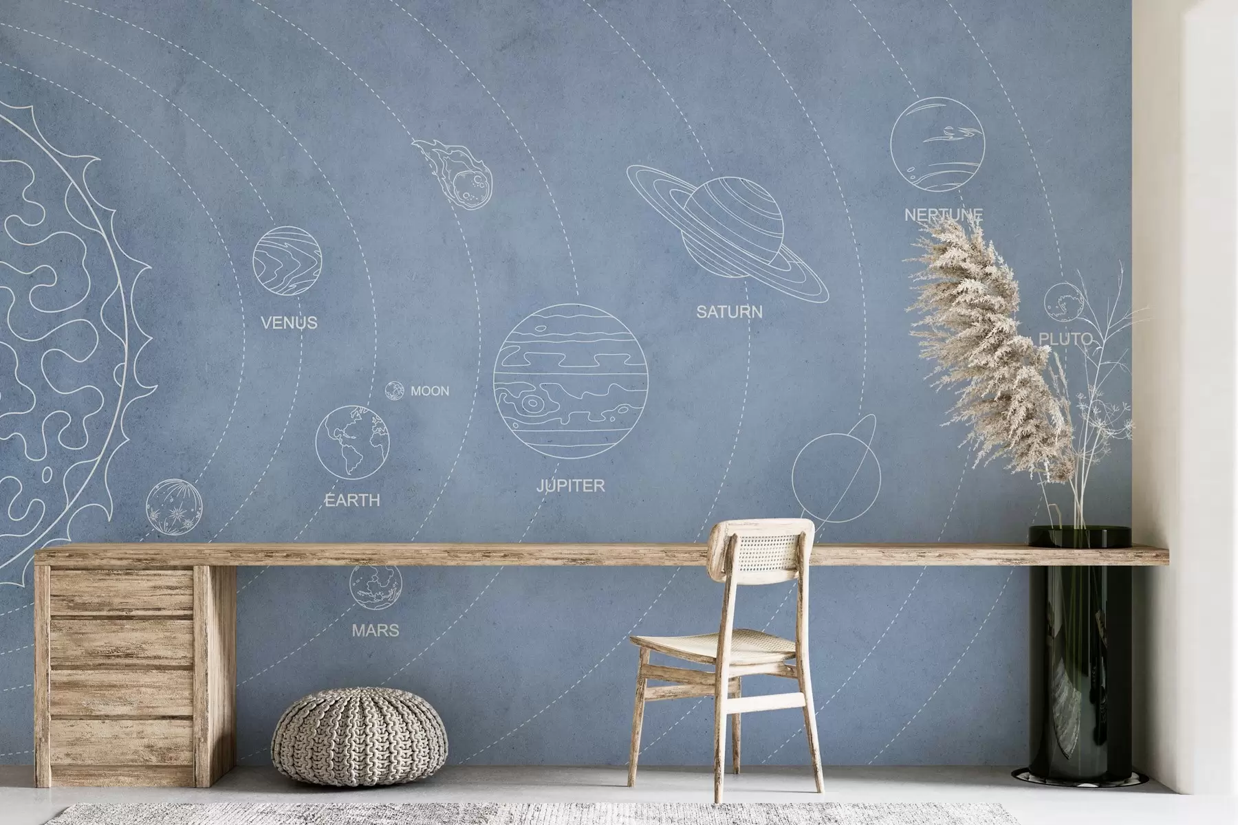Фототапет Слънчева система в минималистичен стил на син текстуриран фон w02344v1
