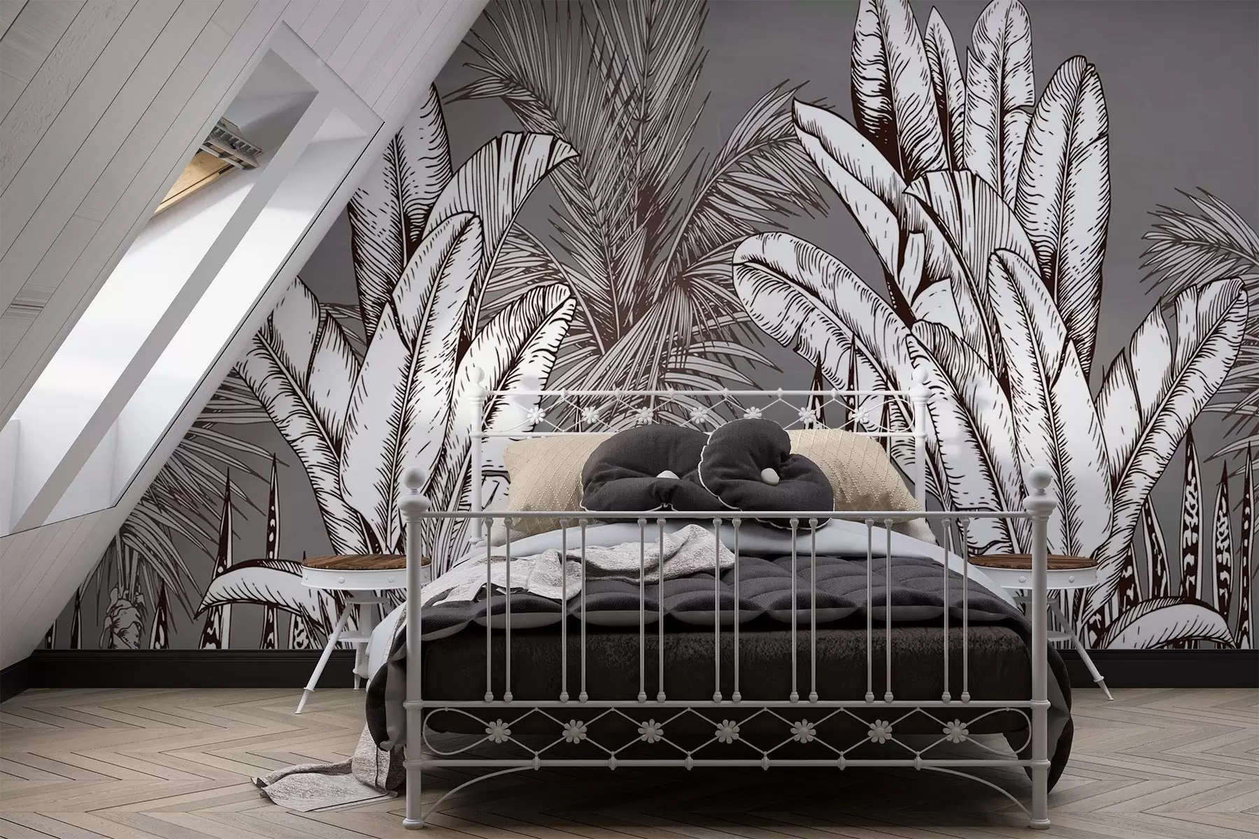 Фототапет Модел с тропически листа на сив фон w02299