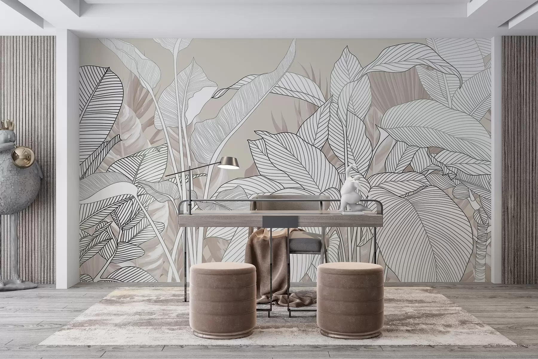 Фототапет Монохромна илюстрация с големи, стилизирани листа и зеленина със сложни линейни модели и текстури w08436v1