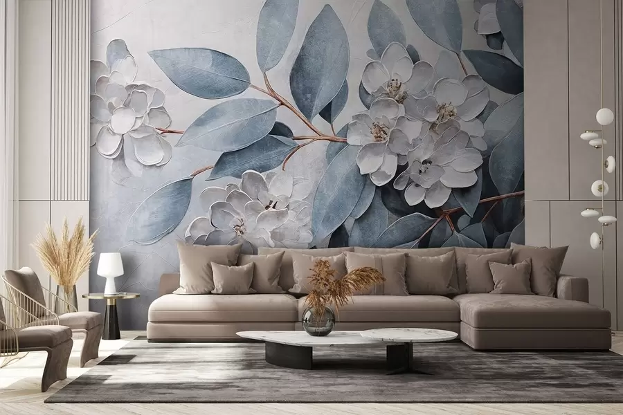 Фототапет Нежни бели цветя със сиво-зелени листа на мек, приглушен фон в стил маслена живопис  w08437