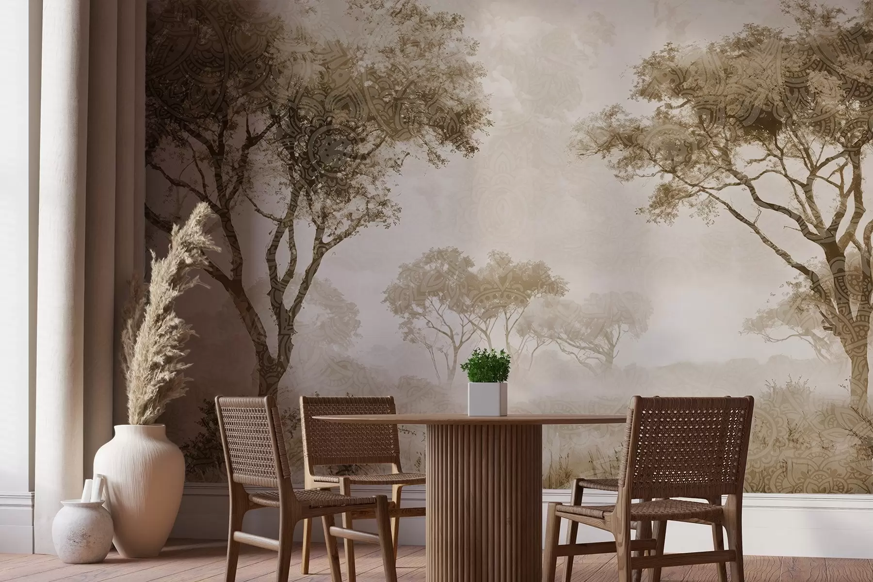 Фототапет Мъглив, спокоен пейзаж със силуети на дървета на преден план и мека мъгла в кафяви и бежови нюанси w08442v2
