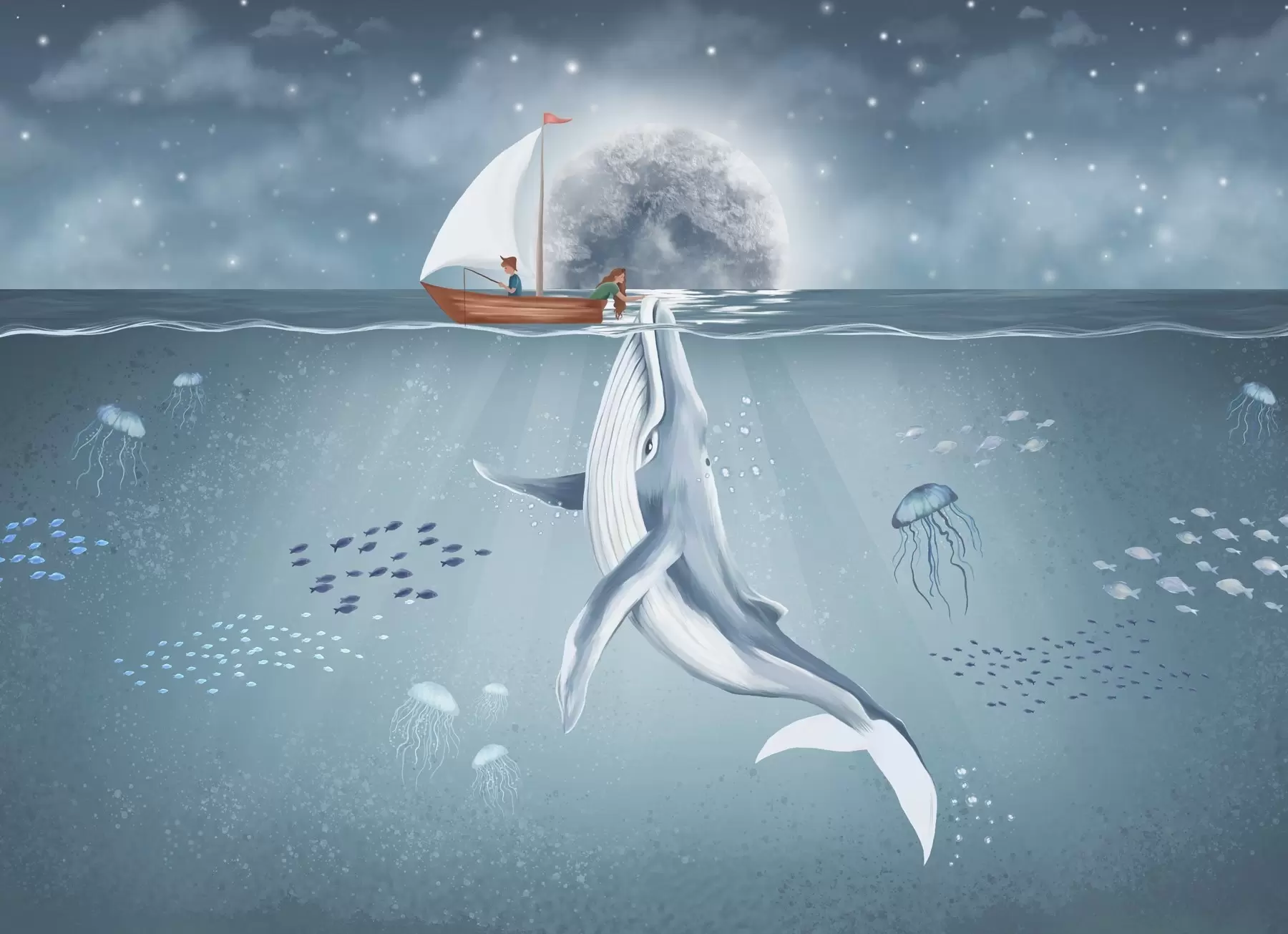 Фототапет Детски дизайн с кит, луна и лодка с деца w02476