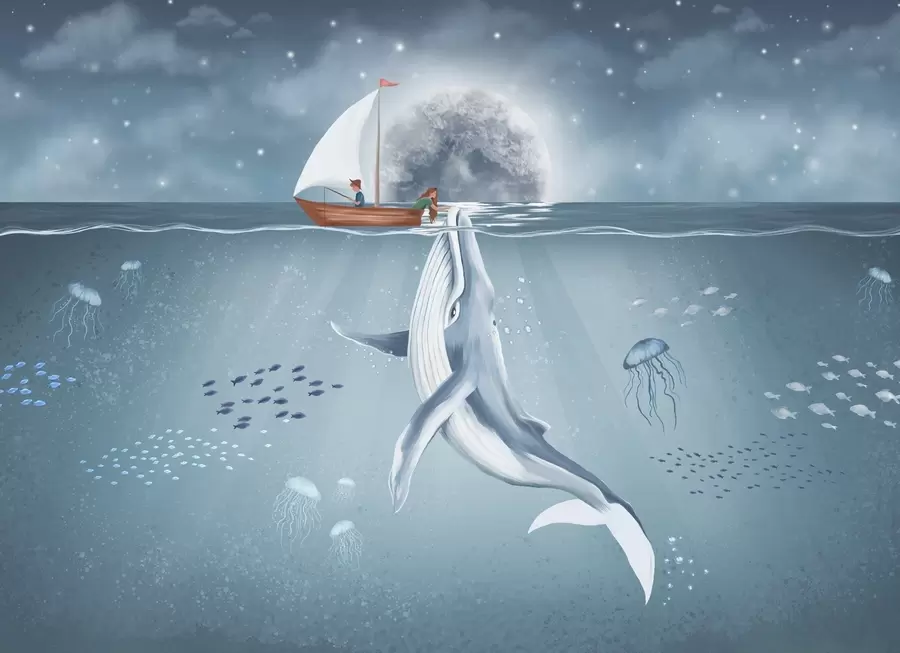 Фототапет Детски дизайн с кит, луна и лодка с деца w02476