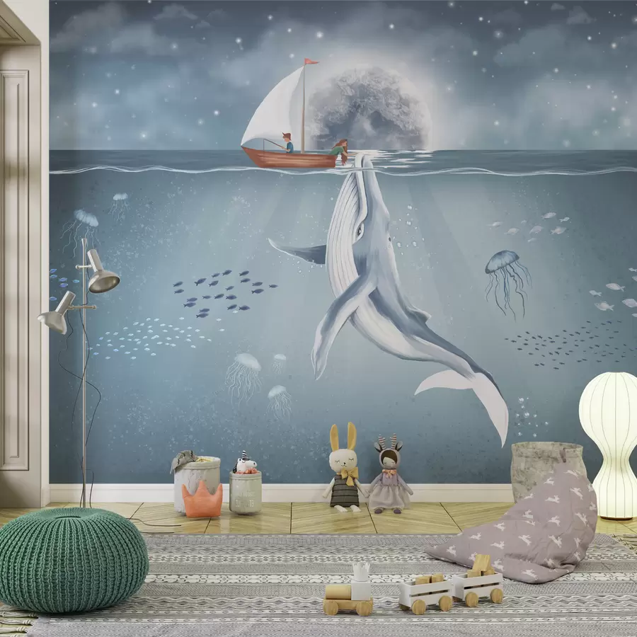 Фототапет Детски дизайн с кит, луна и лодка с деца w02476