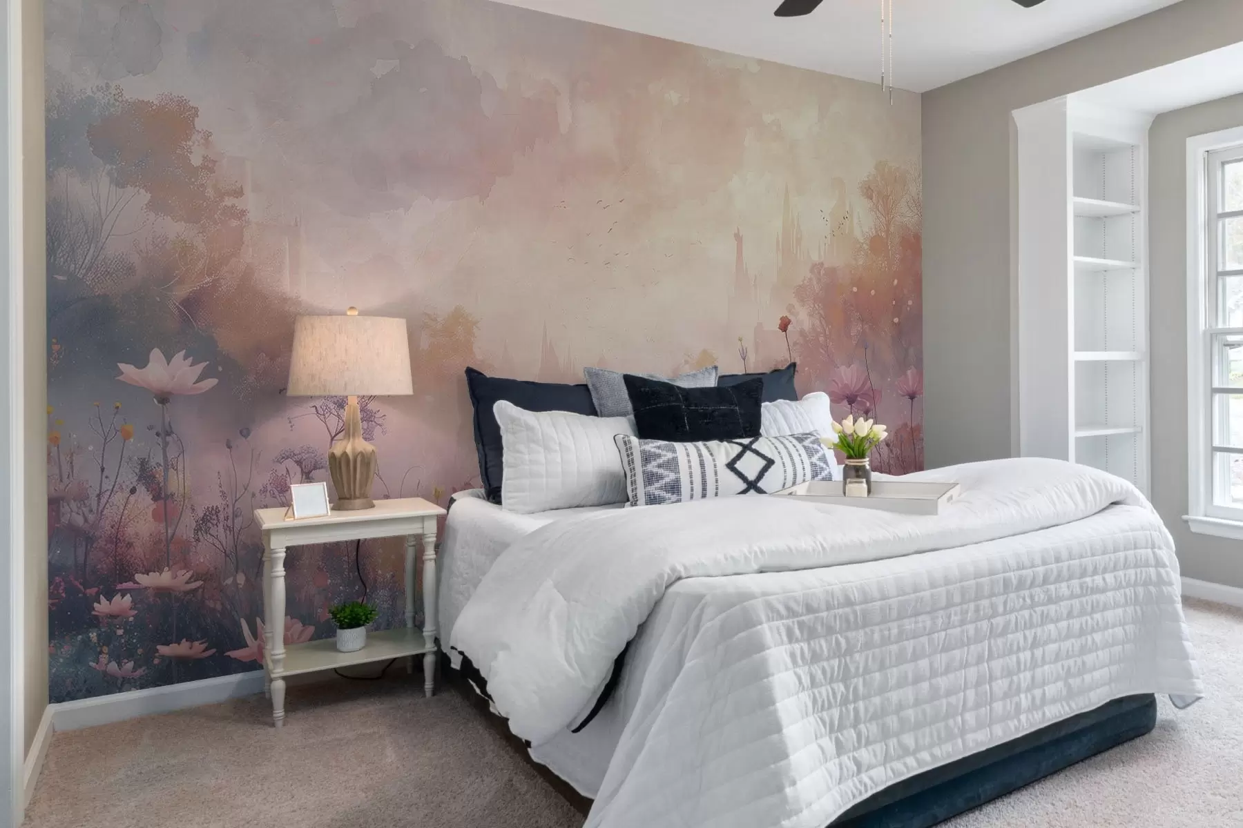 Фототапет Диви цветя на фона на силует на замък w08478