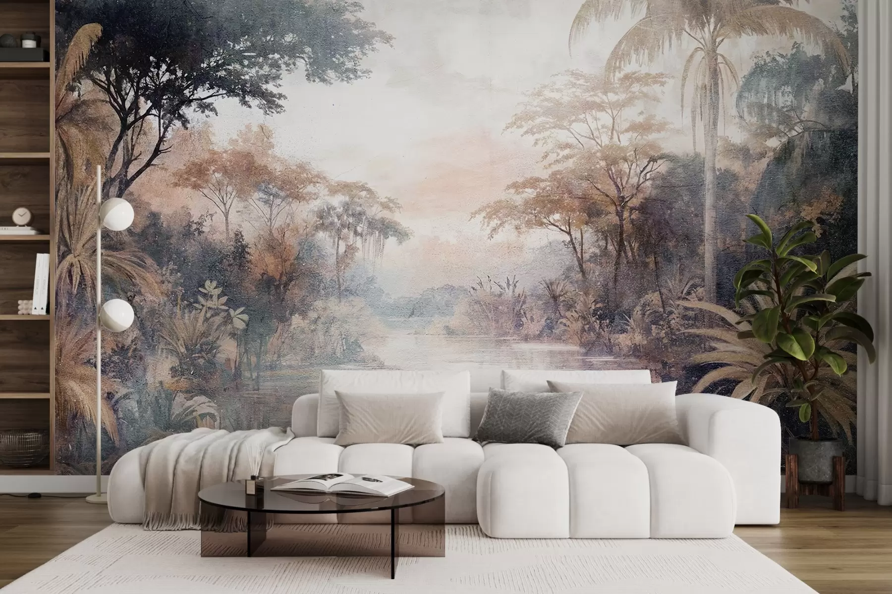 Фототапет Текстуриран тропически пейзаж със спокойна река, заобиколена от пищни палми, храсти и друга зеленина w08460