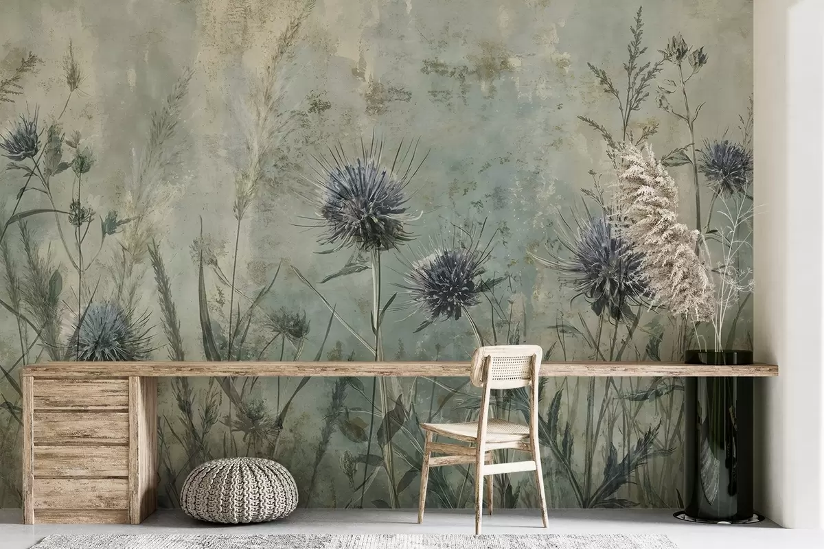 Фототапет Поле от лилави цветове на магарешки бодил с размазани цветове и листа на винтидж текстурен фон w08463