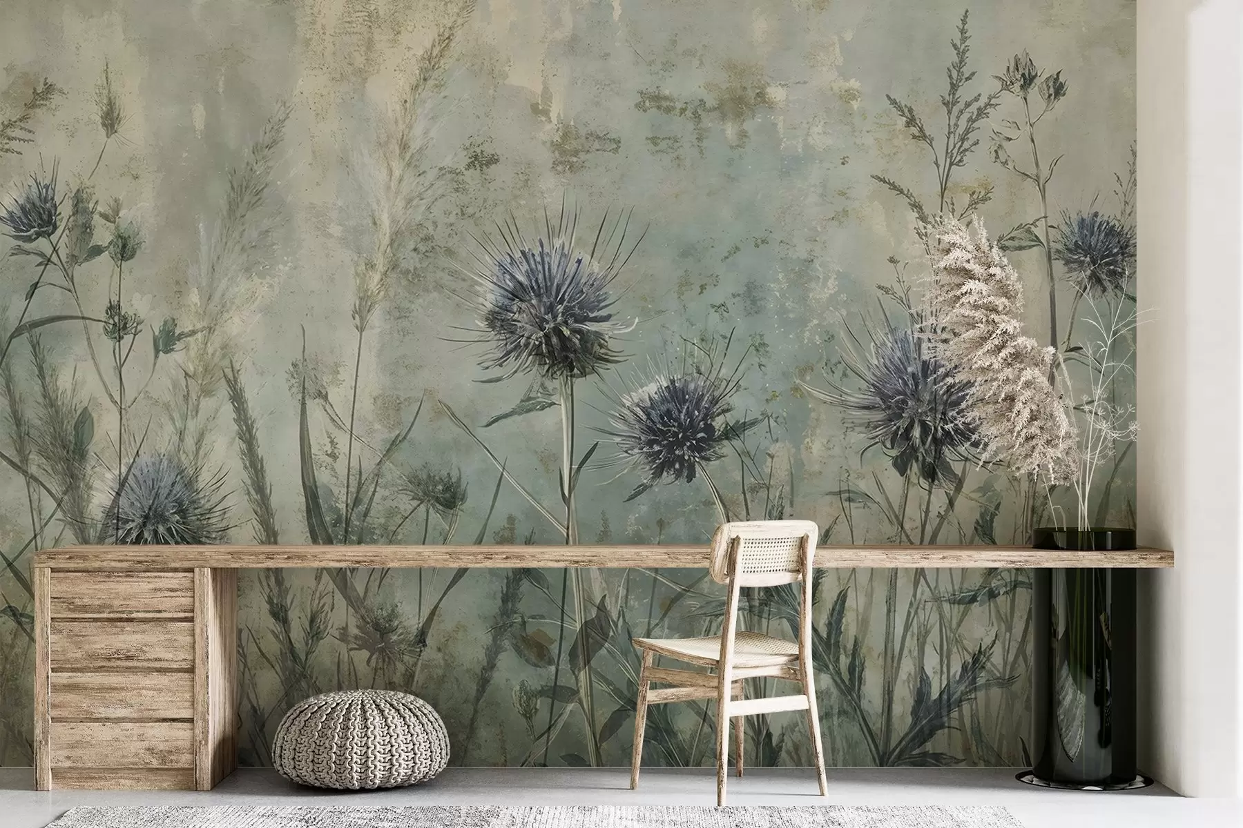 Фототапет Поле от лилави цветове на магарешки бодил с размазани цветове и листа на винтидж текстурен фон w08463