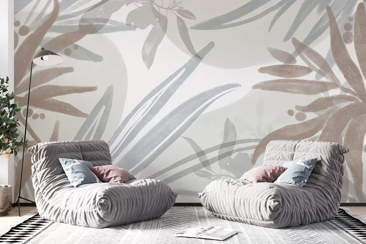 Фототапет Абстрактен флорален десен в неутрални тонове с припокриващи се листа и форми в нюанси на сиво , бяло и бежово w08464