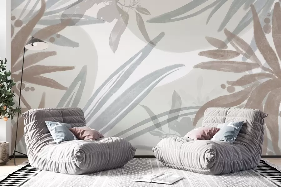 Фототапет Абстрактен флорален десен в неутрални тонове с припокриващи се листа и форми в нюанси на сиво , бяло и бежово w08464