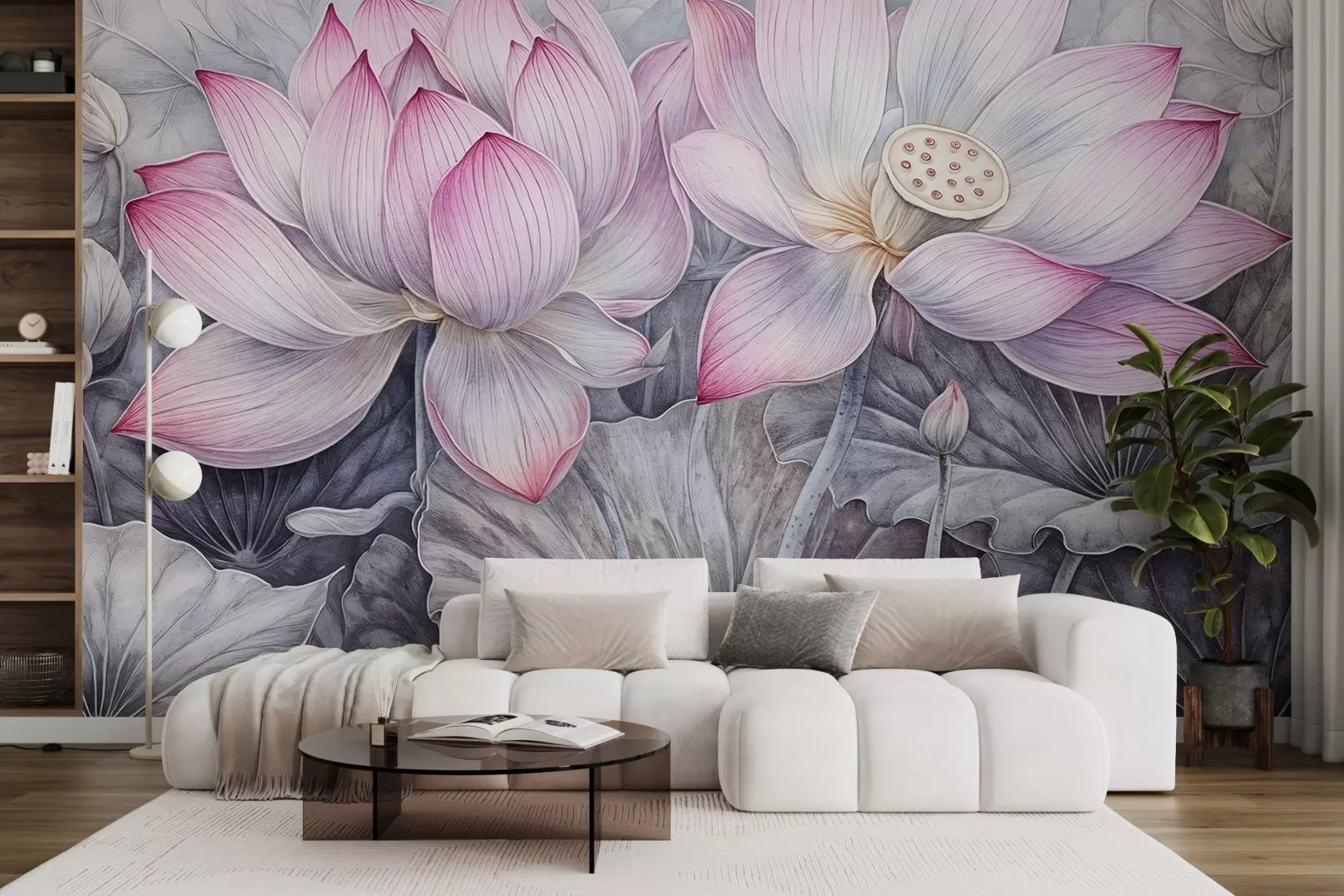 Фототапет Няколко детайлно текстурирани големи розови цветя лотос със сиво-зелени листа и стъбла на светъл фон w08465