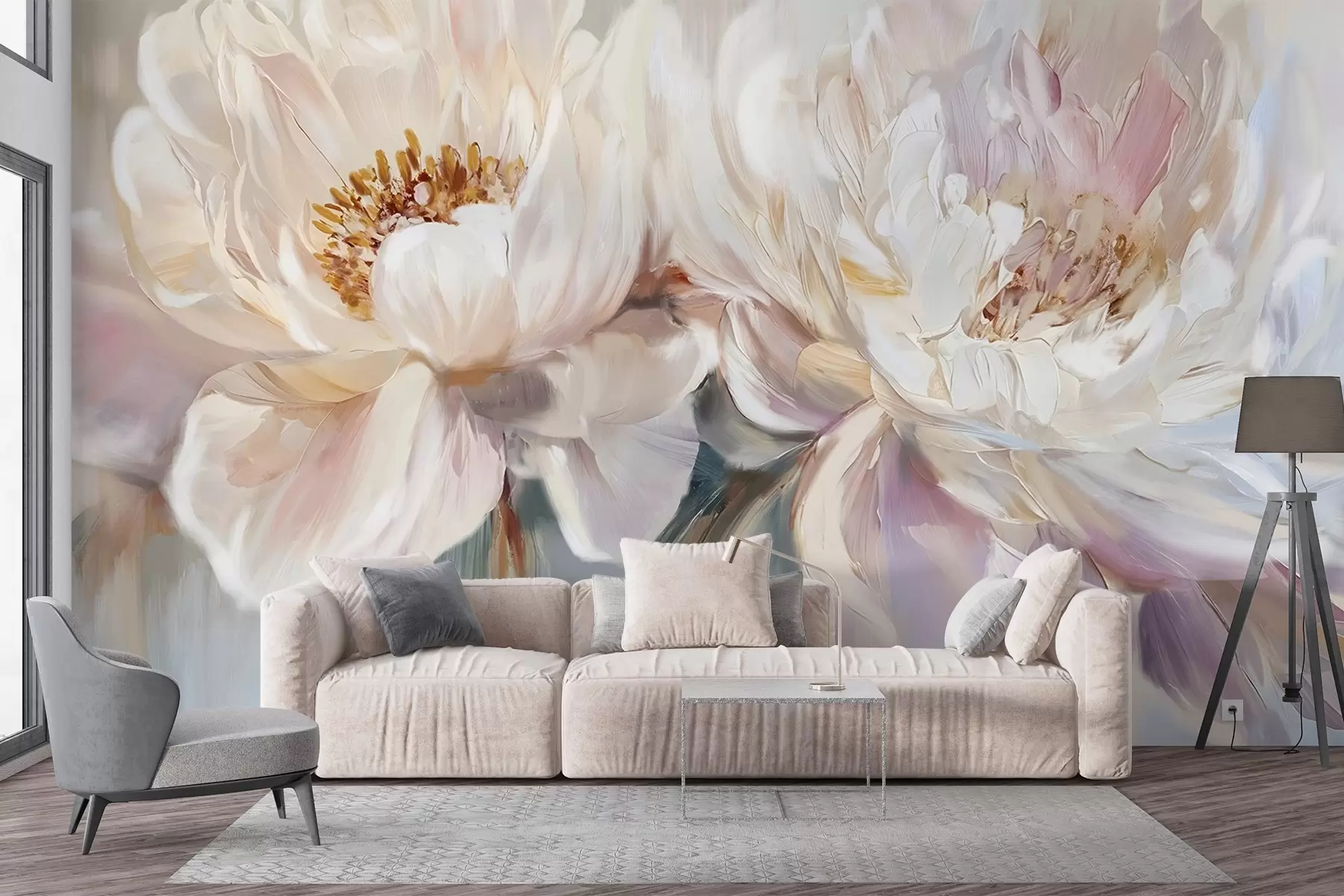 Фототапет Меки, деликатни бели и пастелно розови божури с буйни венчелистчета на размазан фон, имитиращ картина w08466