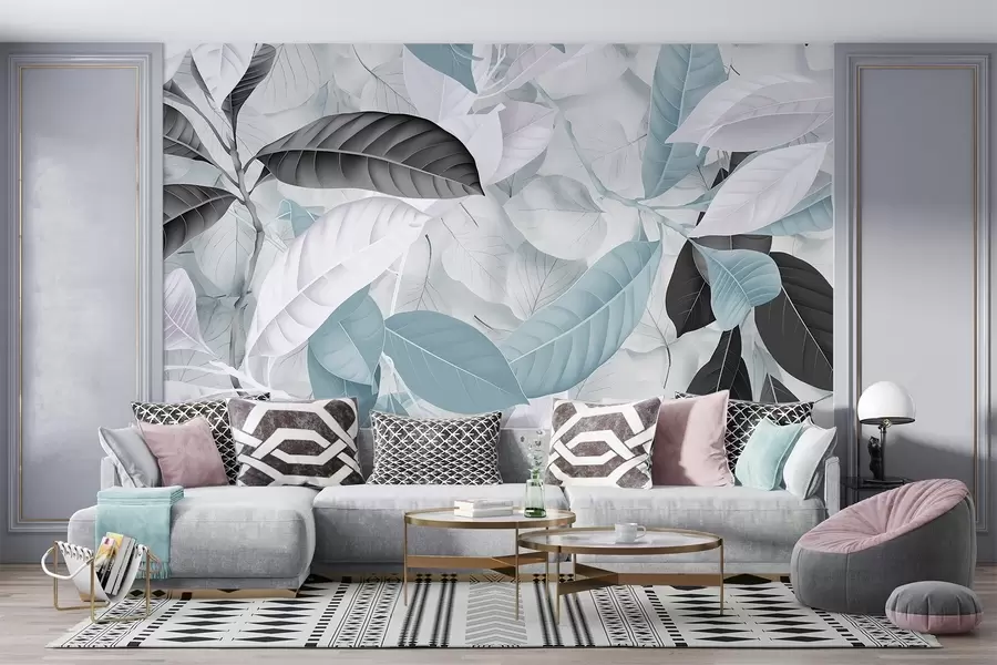 Фототапет Голям печат на сини и сиви листа на светъл фон с текстура на листата, създаващ усещане за пищни тропици w08468v1