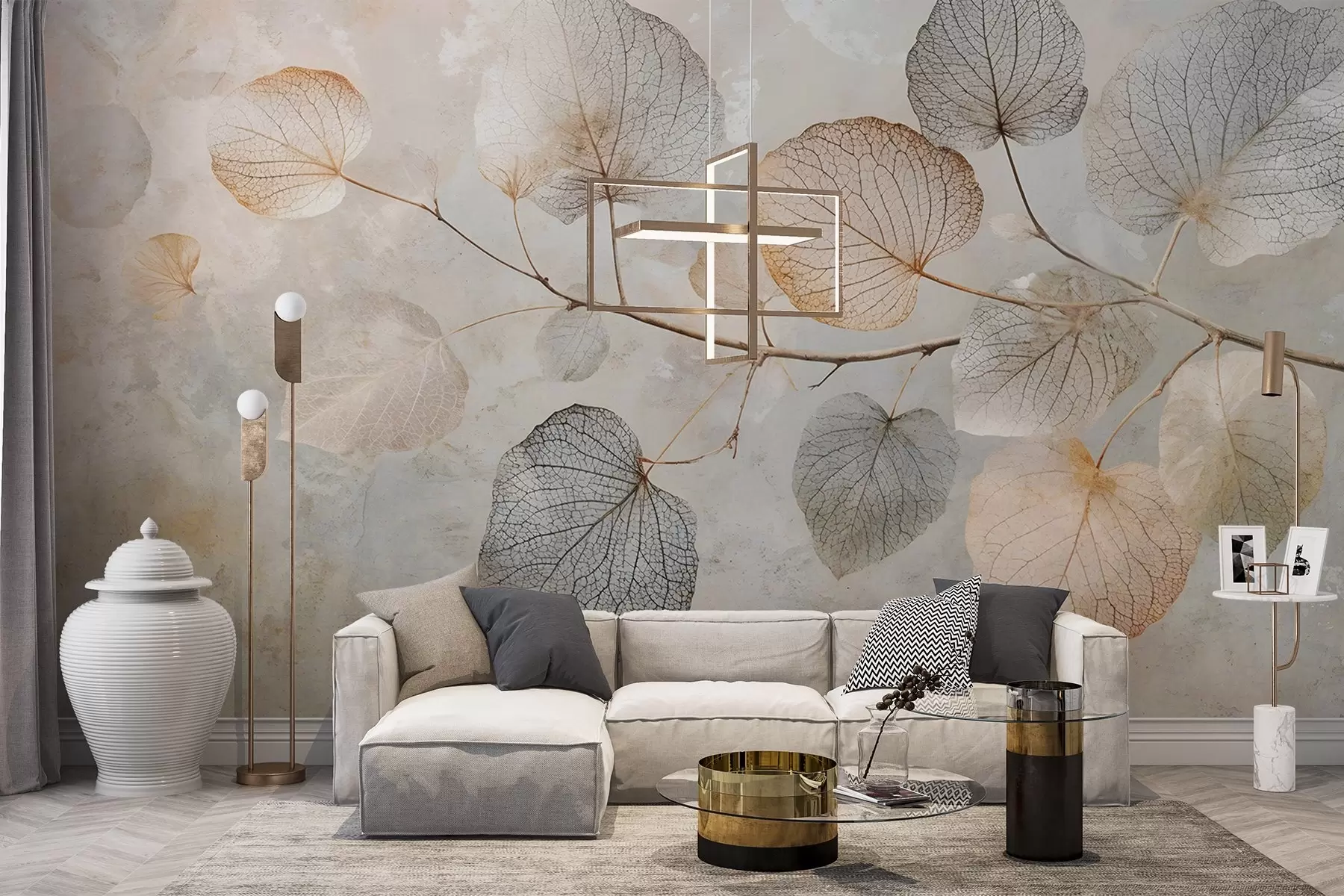 Фототапет Деликатни листа със сложни жилки и меки, приглушени цветове на блед текстуриран фон w08469