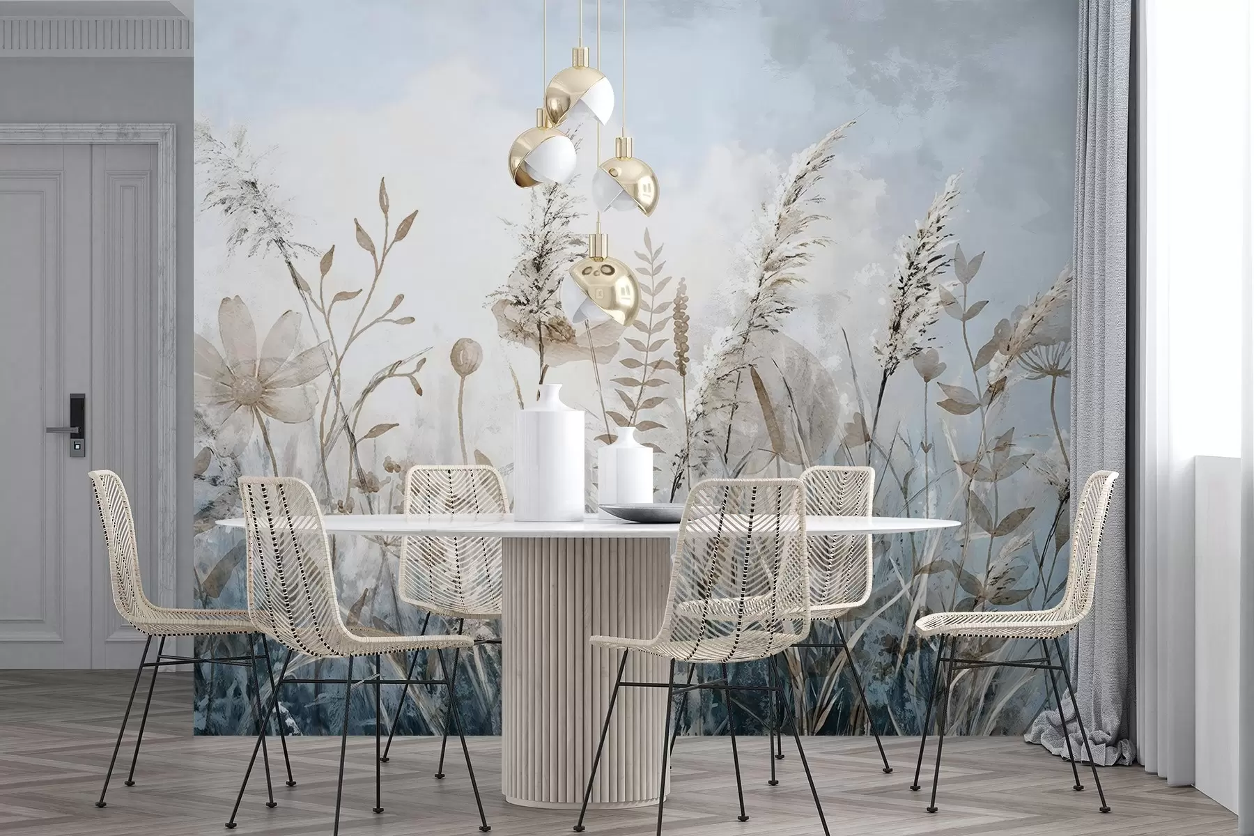 Фототапет Поле с висока трева, естествена зеленина и растения с меки, мъхести текстури на фона на мъгливо, облачно небе w08472