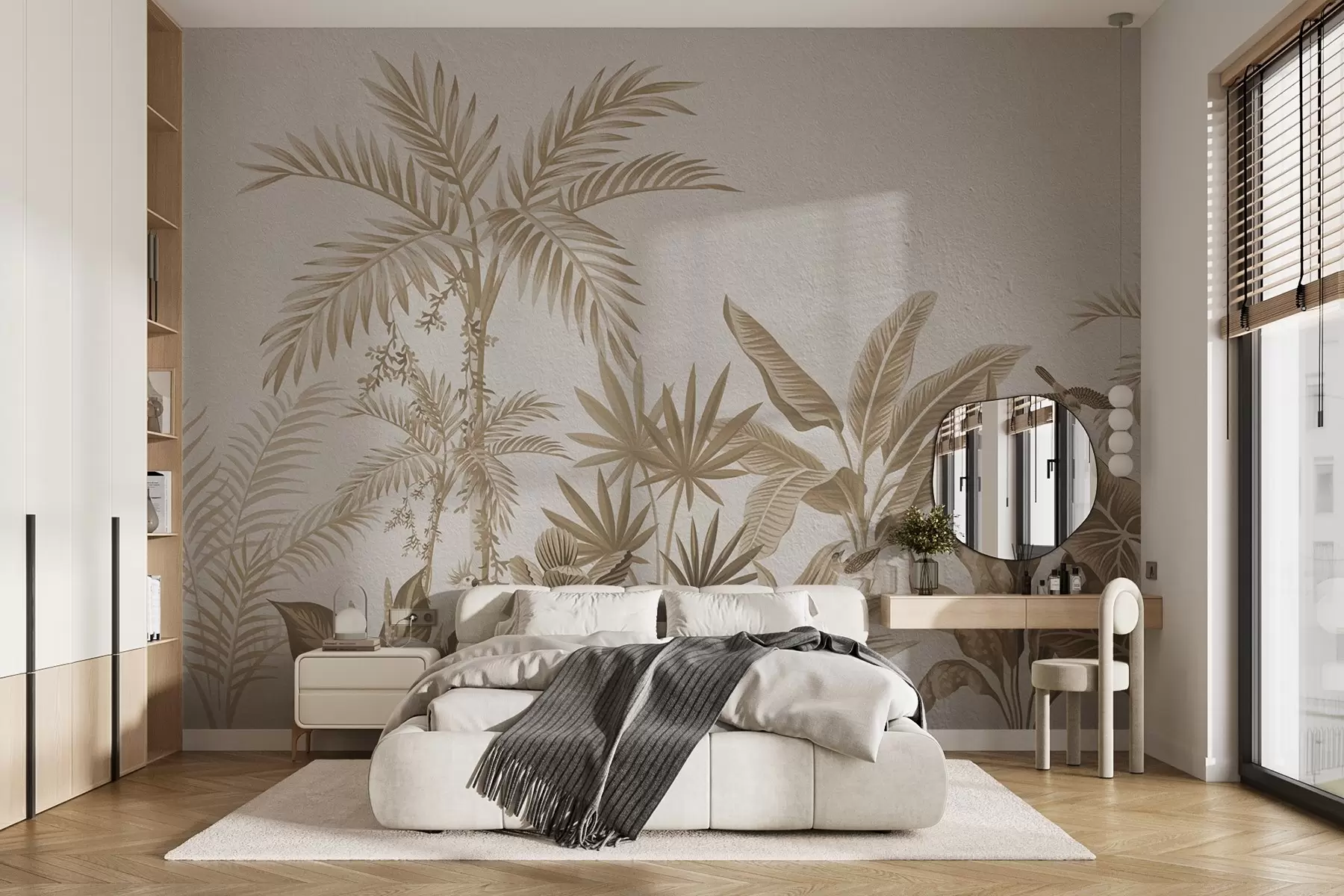 Фототапет Тропическа джунгла с палми и птици в сепийни тонове w08496v1