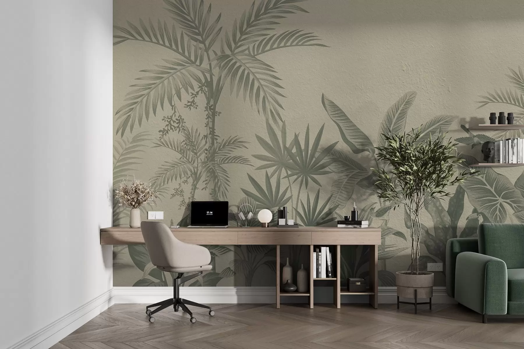 Фототапет Тропическа джунгла с палми и птици в зелени тонове w08496v2