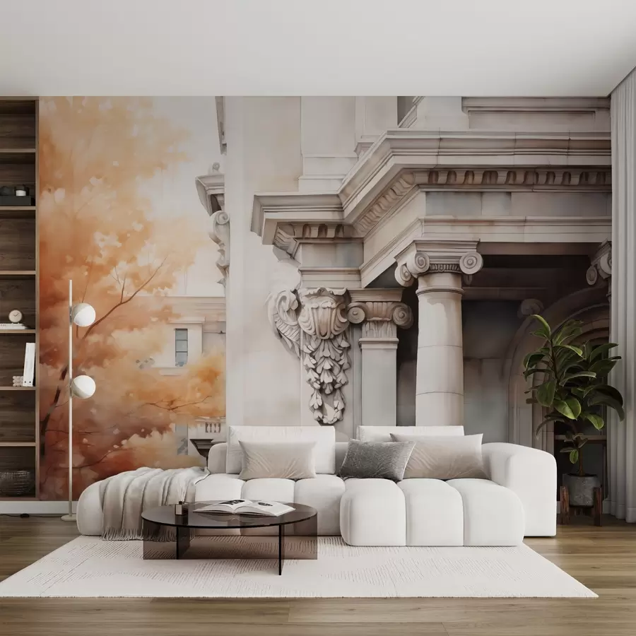 Фототапет Част от къща с колони до дърво, имитация на акварел w02495