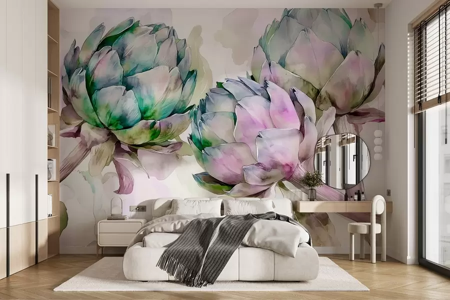 Фототапет Артишок в акварелен стил, цветя, лилаво и зелено w02481