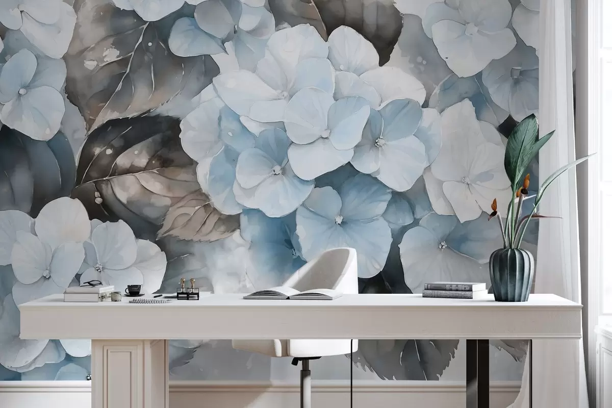 Фототапет Цветя на хортензия, рисунка в стил акварел, сини цветове, флорални w02488v1