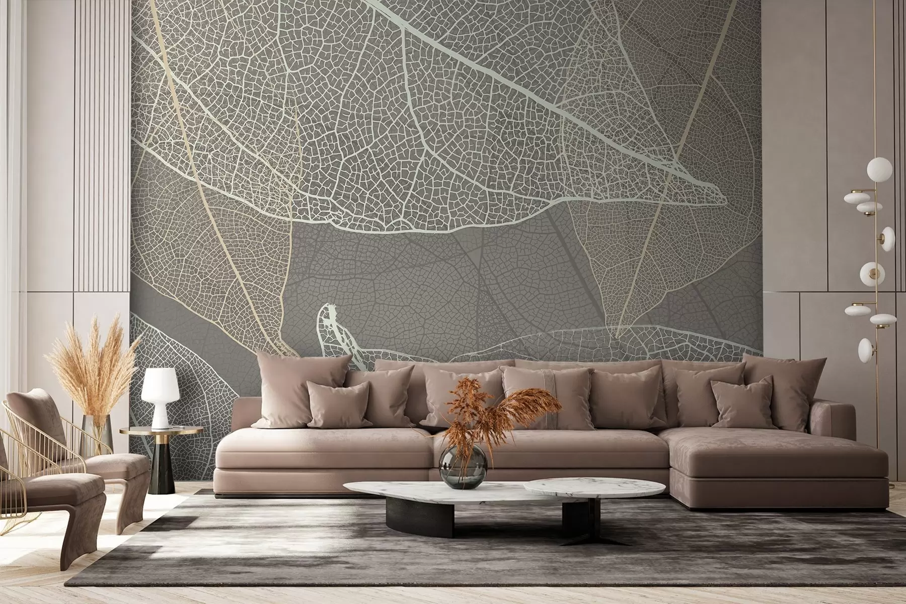 Фототапет близък план на листа с жилки в топли сиви тонове w02520v2