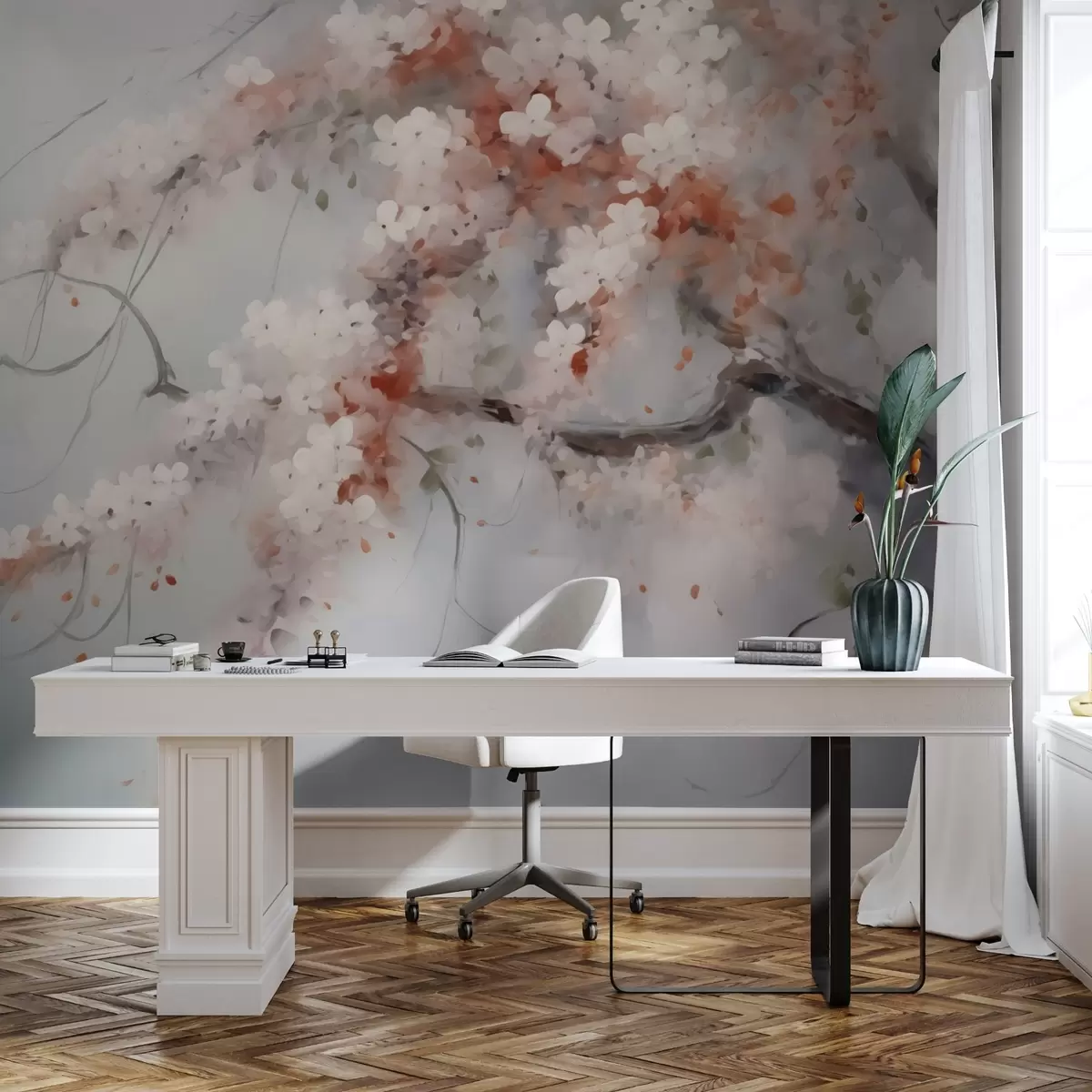 Фототапет Абстрактен клон с бели и червени цветя, имитация на картина w02594