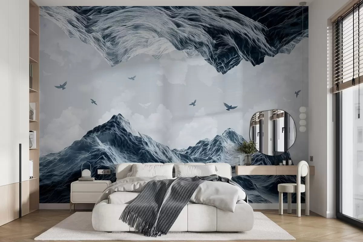 Фототапет Планински пейзаж, реализъм, летящи птици, природа, облаци, сини цветове w02514v1