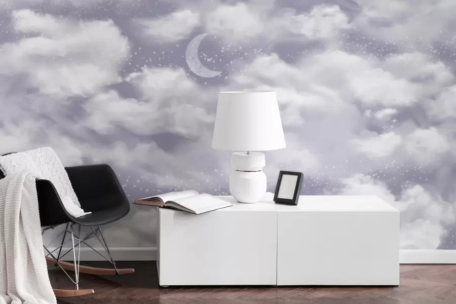 Фототапет Звездно небе с луна и облаци, мечтателно, ефирно, в меки лилави цветове w02515v4